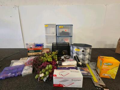 Plastic Drawer Organizers with Assorted Hose Fittings, Fabric Basket, Literature, 2 Fleece Quilt Kits, & Office Supply
