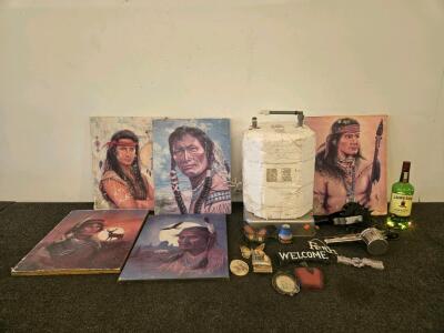 6 Gallon Electric Water Heater, Floor Mount, 120V, Insulated, Serial #151544, Native Paintings, & Other Household Items