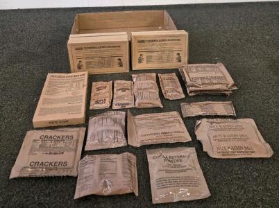 U.S. Military MRE Pinto Bean Stew, Crackers, Nut Mix, Jams, 2009 Pack Date, Assorted Snacks