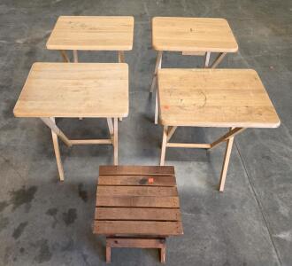 Set of 4 Folding Wooden TV Trays and 1 Slatted Folding Table/Stool