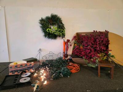 Artificial Christmas Wreath with Pine Cones & Glitter Merry Christmas Sign &ndash; 20" Diameter, Lots of Florals, & Christmas Lights (Shelf D)