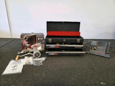 Craftsman Toolbox w/ Hand Tools, Weston #10 Meat Grinder, Mansfield 8mm Film Editor(Tested, light works) & Splicer Lot (Shelf E)