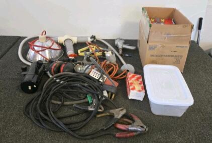 Mixed Lot Farm/Ranch Equipment: Tank Heater, Jumper Cables, Brooder Lamp, Hopper Gun, Books Vintage Mixed Lot Barbie #17650, Avon Car Bottle, Blitz Gas Can, V-915 Fogger, Sewing Supplies