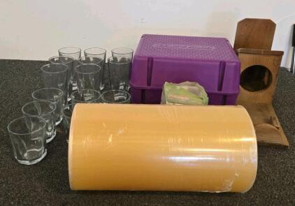 Mixed Lot: 15 Clear Drinking Glasses, Blue Seal Bin, Coleman Lantern Globe, and More