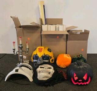 Bulk Lot: Halloween Masks, Plush Pumpkins, Candelabra, Posters & Decor &ndash; 60+ Items shelf b