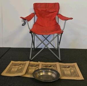 Vintage Art Lovers&rsquo; Weekly Magazine Lot, Red Folding Camping Chair, Oval Silver-Plated Tray