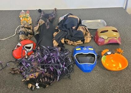 Large Halloween Costume & Decor Lot &ndash; 12+ Masks, Jester Outfit, Lights, Bowls, Figures