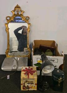 Mixed Lot of Assorted Home Decor & Household Items &ndash; Ceramic Mugs, Decorative Sign, Desk Lamp, Vase Ornate Rococo Style Gold Wall Mirror & HoMedics FMS-250HA Shiatsu Pro Foot Massager