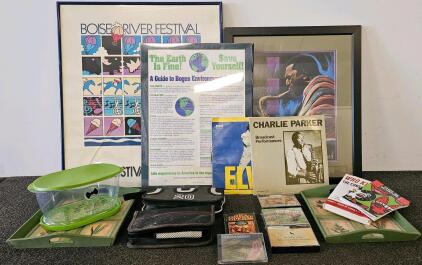 Framed Jazz Sax Art, 1993 Boise Festival Poster, Elvis & Parker LPs, Odyssey CDs, Trays, Books Lot (C)