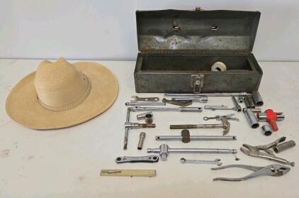 Vintage Mechanic Tool Set ~30pc, Steel Toolbox, Multi Brand, Specialty Sockets & Straw Hat