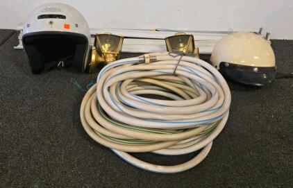 Lot of 2 Open-Face Helmets (GMAX L, JEB'S XL DOT), 50ft Hose, Outdoor Brass Lights, 4ft Fluorescent Fixtures