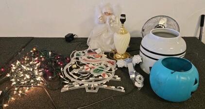 Mixed Lot: Kenwood Table Fan, Christmas & Halloween Decorations, Ceramic Dispenser, Lamp
