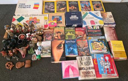 Large Mixed Lot of Board Games, Books (Harry Potter, Oliver North), and Figurines