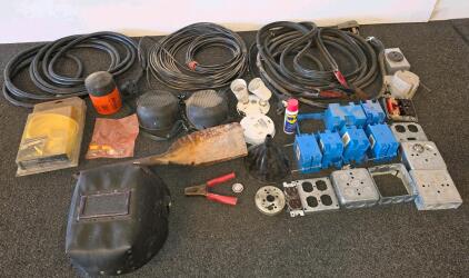 Large Lot Electrical Wiring, Welding Helmet, Power Cables, Boxes, Outlet Accessories & Tools