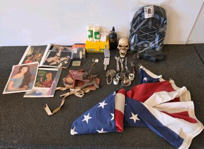 Large Lot: US Flag, Art Prints, Tools, Paint Supplies, TS Sports Backpack, Collectibles Mixed Lot