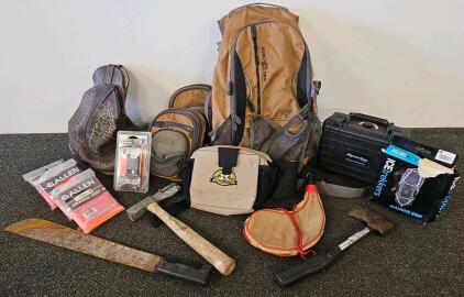 Large Outdoor Gear & Tools Lot: William Joseph Packs, Allen Vests, ICEtrekkers, Boots, Tools, Cases