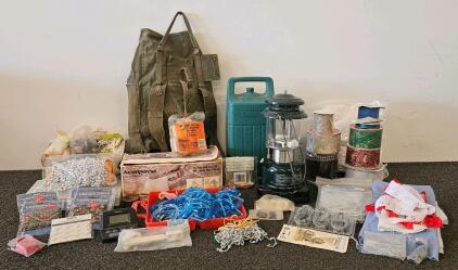 Vintage Coleman Lantern w/Case, Military Rucksack, Craft Supplies, Trim, Notions & Iron Lot
