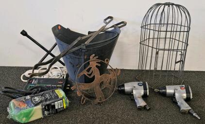 Two pneumatic air wrenches, Steel birdcage, fireplace ash bucket and tongs, tire iron, extension cords, and more (L)