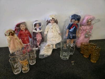 Vintage Glassware Set: 8 Clear Wheat Pattern Gold Rim Tumblers, 5 Amber Honeycomb Shot Glasses, 1 Beer Mug, & Vintage Dolls (Shelf G)