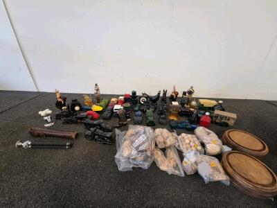 Large Lot of Vintage Avon Car, Motorcycle, and Novelty Collectible Glass Decanter Bottles 1960s-1980s & Wooden Hobby Pieces (Shelf J)