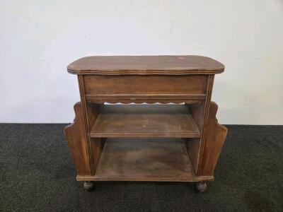 Vintage Wooden Magazine Rack Side Table with Shelves and Caster Wheels, 1930s&ndash;1950s Style
