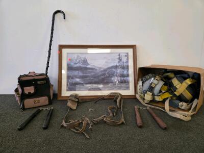 Lot: CLC Tool Bag, Vintage Climbing Spikes, 2 Safety Harnesses, Cane, Art, 2 Martial Arts Nunchaku