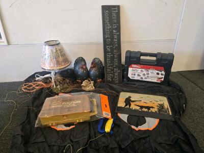 Complete Mixed Lot: Lamp, Wildlife Decor, Plano Organizer, Tool Tough Socket Set, Wall Sign