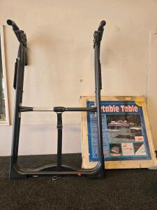 Vintage Folding Portable Table 39"x24"x29" Woodgrain Top, Black Metal Frame, Lightweight and Back Stretch Bar (Looks Incomplete Please Inspect)