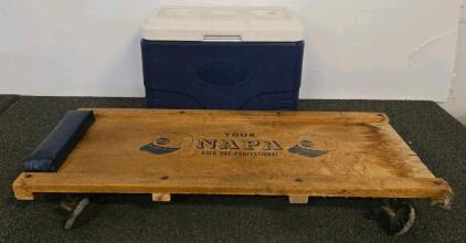 Vintage NAPA Wooden Mechanic's Creeper & Coleman 48 Qt Blue Cooler, USA Made, Durable Builds