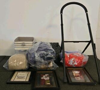 Mixed Home Goods Lot: Fleece Blankets, Framed Wall Art, Storage Bins, Folding Step Stool