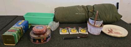 WWII Army Air Forces Sleeping Bag, Vintage Tins, Hardware, Plate, More - Assortment Lot