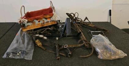 Vintage Horse Tack and Cart Parts Lot with Leather Harnesses, Wooden Crates, and Model Wheels