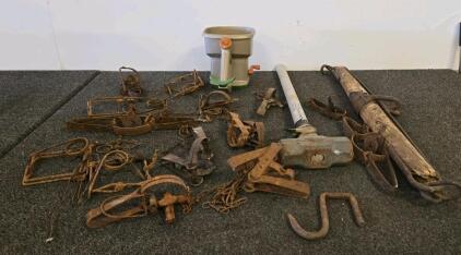 Vintage Animal Trap Lot &ndash; 10+ Metal Traps, Body Grip & Leg Hold, Scotts Spreader, Sledgehammer