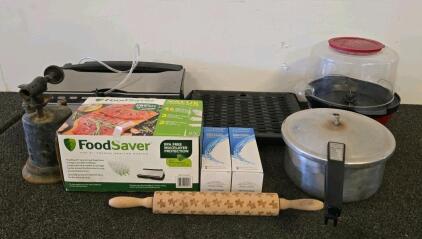 FoodSaver Vacuum Sealer, Presto Pressure Cooker, Popcorn Maker, Filters, Rolling Pin, 7 Items