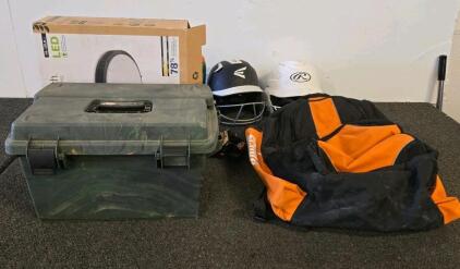 Mixed Lot: Rawlings & Easton Helmets, Nike Huarache Cleats, Schutt Bag, Plano Box, Good Earth LED Light