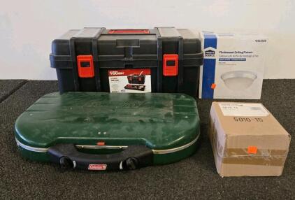 Coleman Camp Stove, Hyper Tough 22" Tool Box, Project Source & Quorum Light Fixtures Lot