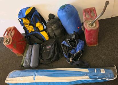 Large Camping Gear Lot &ndash; Hiking Backpacks, Sleeping Bags, Metal Fuel Cans, Tents