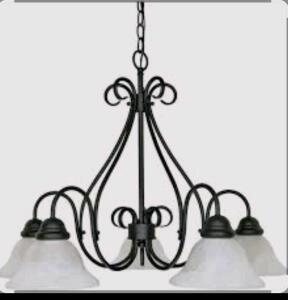 SATCO NUVO Castillo 5-Light Chandelier, Textured Black Finish, Alabaster Swirl Glass Shades