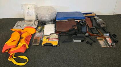 Outdoor Lot - Rifle Stock & Scope, MTI Life Vest, Coleman Grill, Cabelas food dehydrator Hunting Tools & Accessories