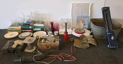 Assorted Household Items, Tools, and Books &ndash; Includes Vintage Galvanized Tub and Craftsman Soldering Gun, Glassware (more matching plates and cups in tote than shown in photo)
