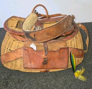 Vintage Wicker Fishing Creel Basket with Leather Trim and Front Pouch