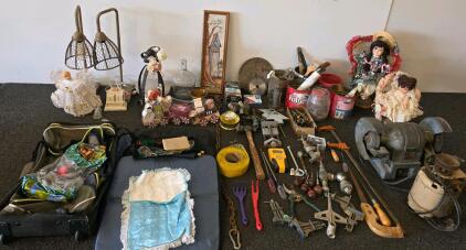 Mixed Lot of Vintage Hand Tools, Power Tools, Dolls, and Home Decor, Rustic lamps (plugged in and functioning)