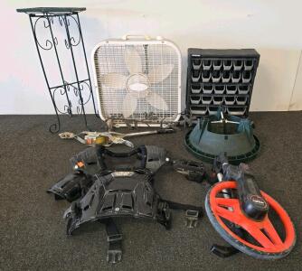 Mixed Lot: Lasko Box Fan, Thor Chest Protector, Husky Organizer, Lufkin Measuring Wheel, More