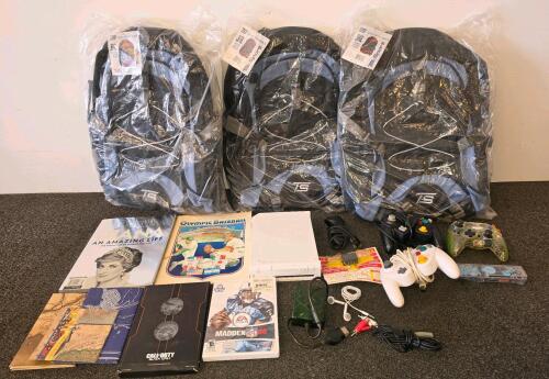 Nintendo Wii Console Bundle With Controllers, TS Sport Backpacks, Madden NFL 08, Magazines (console is missing power cord cannot test)