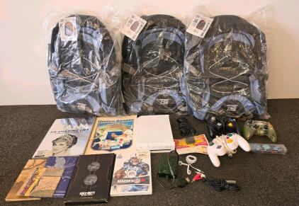 Nintendo Wii Console Bundle With Controllers, TS Sport Backpacks, Madden NFL 08, Magazines (console is missing power cord cannot test)