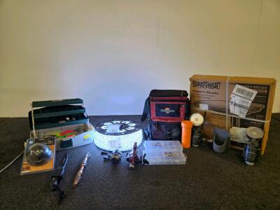 Complete Camping & Fishing Lot - Bayou Classic Discada, Plano Tackle Box, Reels, Lighting