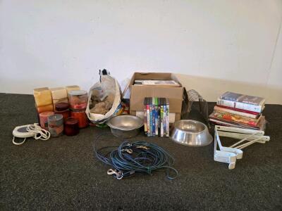 Mixed Lot: 9 Books, 28+ DVDs, 9 Candles, 3 Metal Pet Bowls, 2 Brackets, Mug Warmer (Tested), File Rack