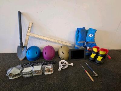 Youth Alpine Ski Boots, 3 Multi-Sport Helmets, 10" Digital Photo Frame(Unable to test), Folding Steel Shovel, & More