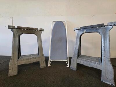 Heavy Duty Plastic Sawhorses Set (900 lb capacity each) & Standard Folding Ironing Board, Gray