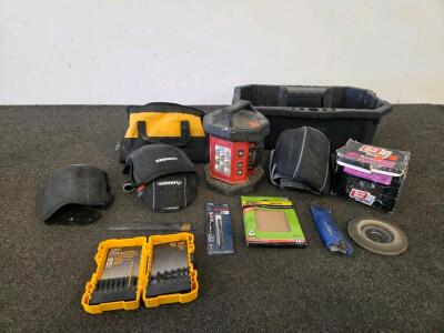 Lot of Contractor Tools: DEWALT Drill Bit Set, Tool Bag, Husky Knee Pads, Bosch Blade, Milwaukee Work Light (unable to test, battery has no charge) (Shelf J)
